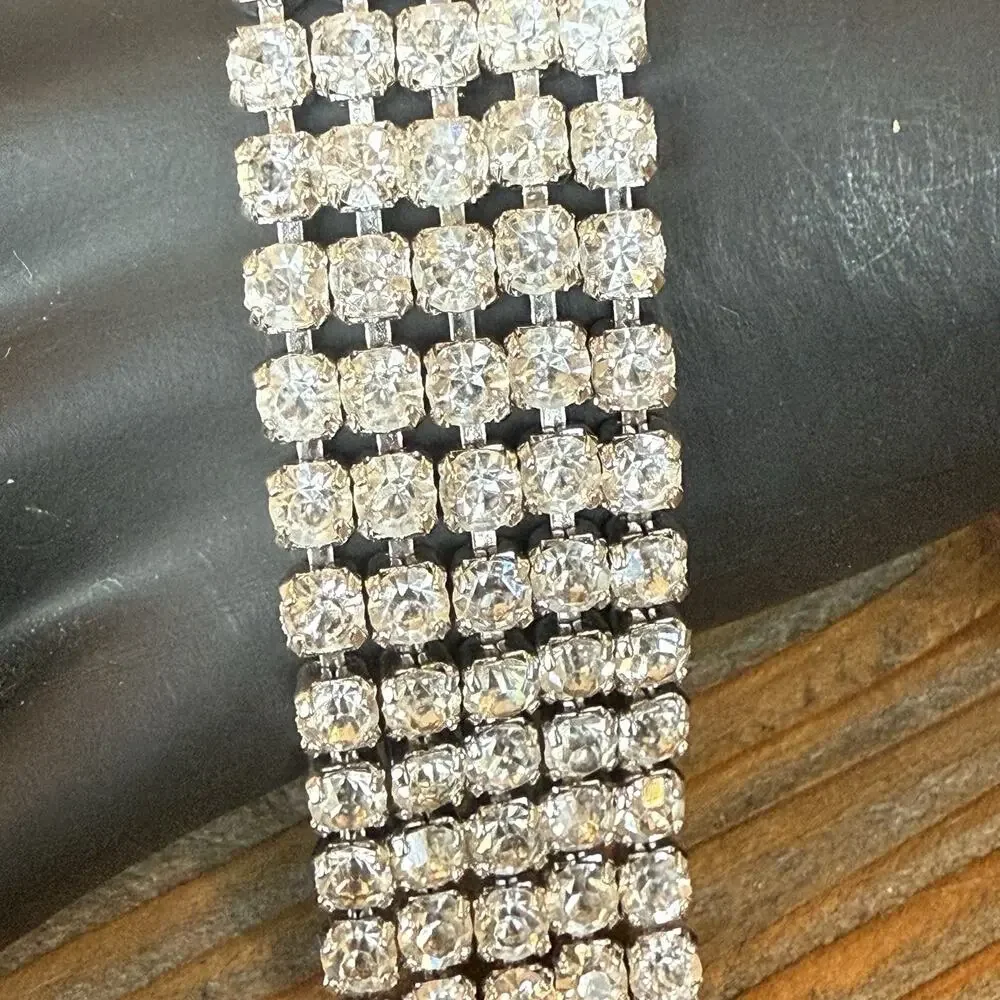 Vintage 5 Strand Clear Rhinestone 1” Wide 7” Bracelet Rhodium Plated
